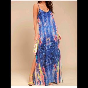 Flying Watercolors Royal Blue Print Maxi Dress